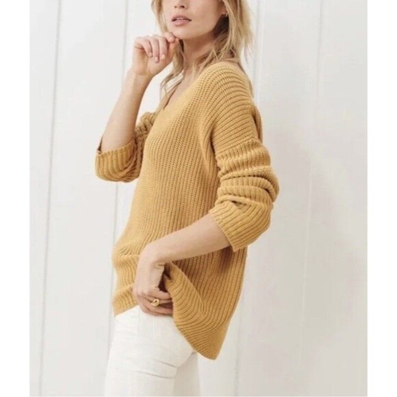 Jenni Kayne Mustard Color Cabin Cable Knit Fisherman Sweater Organic Cotton Sz S - Picture 2 of 9